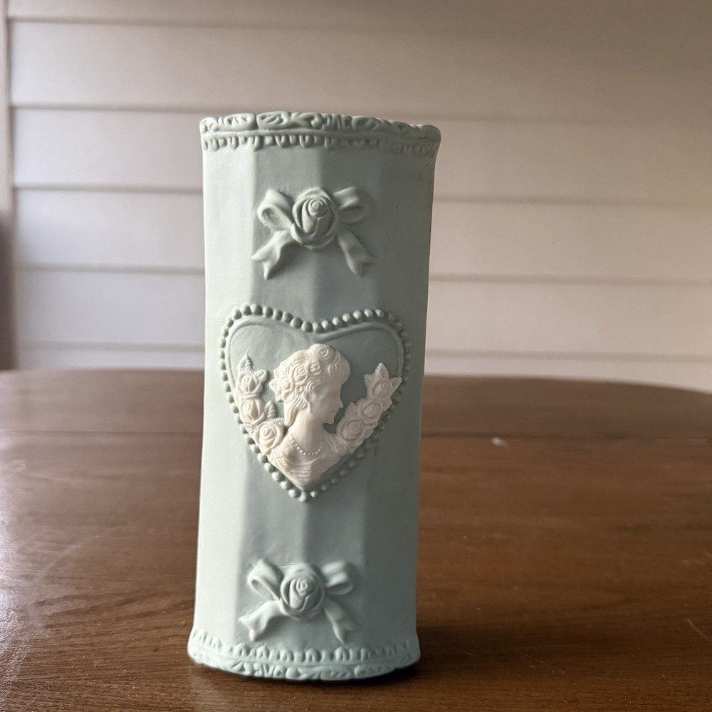 Vintage Sage Green Jasperware Style Wall Pocket Vase Coquette